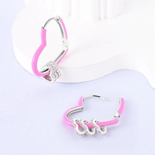 925 Sterling Silver Earrings with Pink Enamel and Crystal Accents